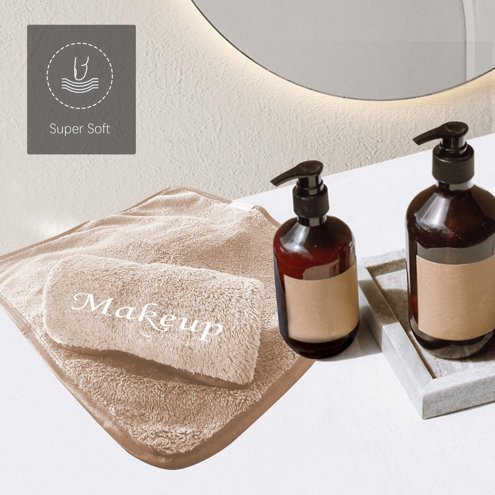 Cosy Family microfiber cloths displayed in bathroom setting for effortless makeup removal