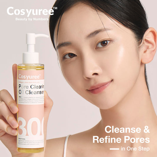 Cosyuree Collagen Pore Cleaning Oil Dispense highlights even distribution for gentle cleansing.