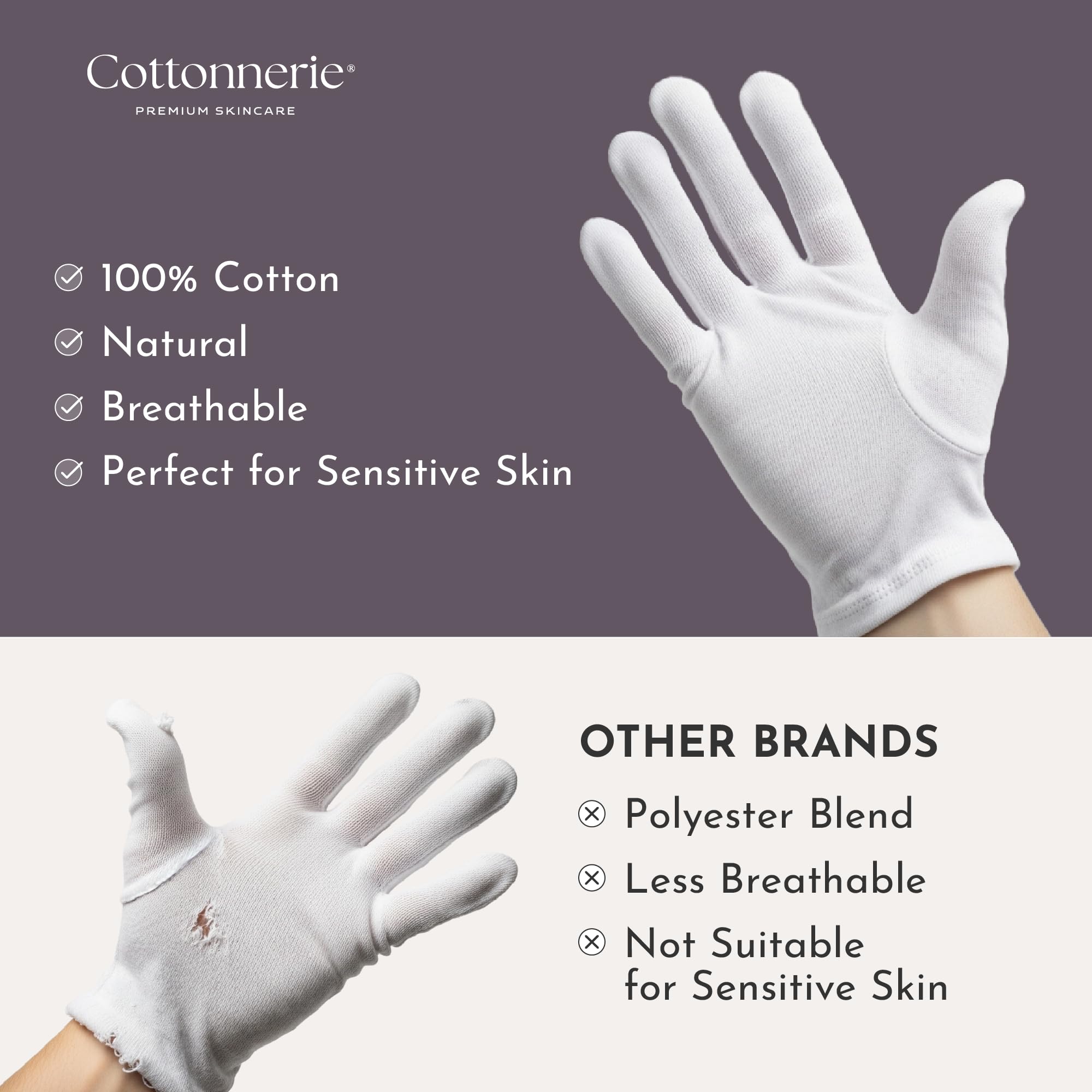 Cottonnerie Basics hand moisturizer gloves illustrating a comfortable fit for all sizes.