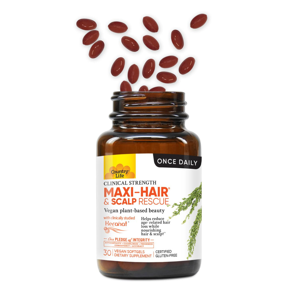 Country Life Maxi-Hair softgels ready for daily beauty support