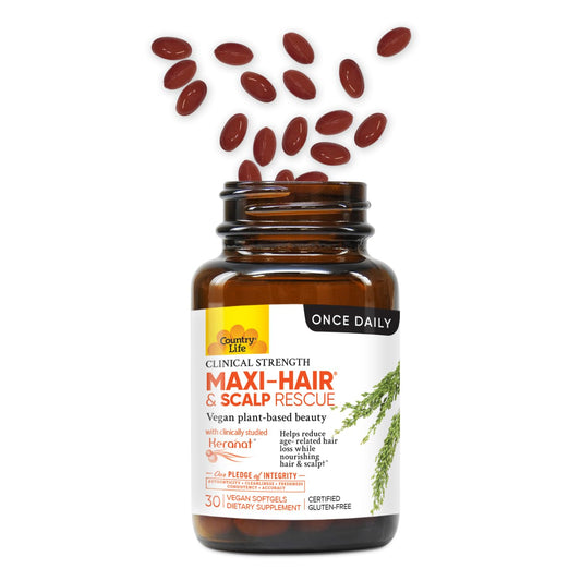Country Life Maxi-Hair softgels ready for daily beauty support
