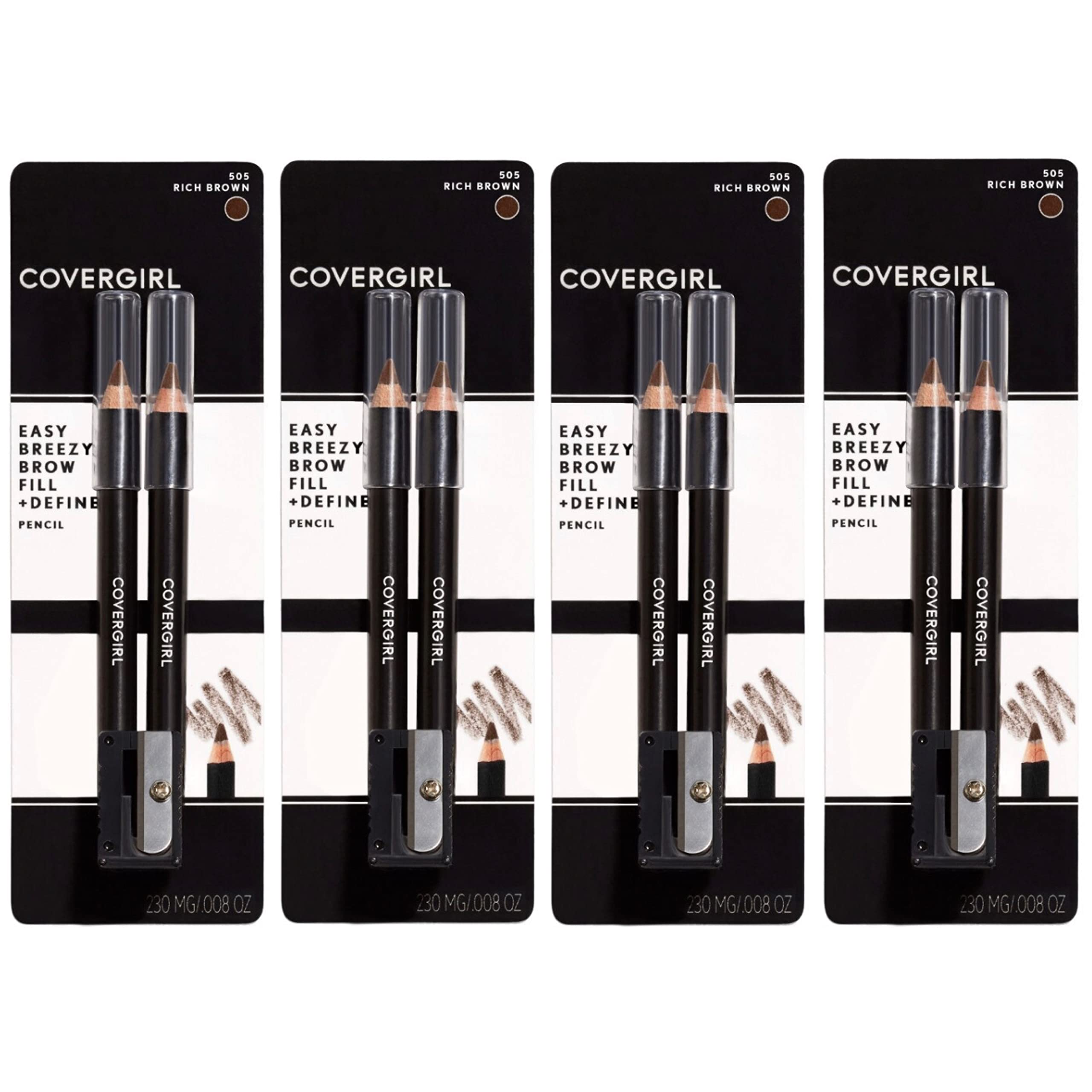 CoverGirl Easy Breezy Brow packaging with two pencils and sharpener for defined brows