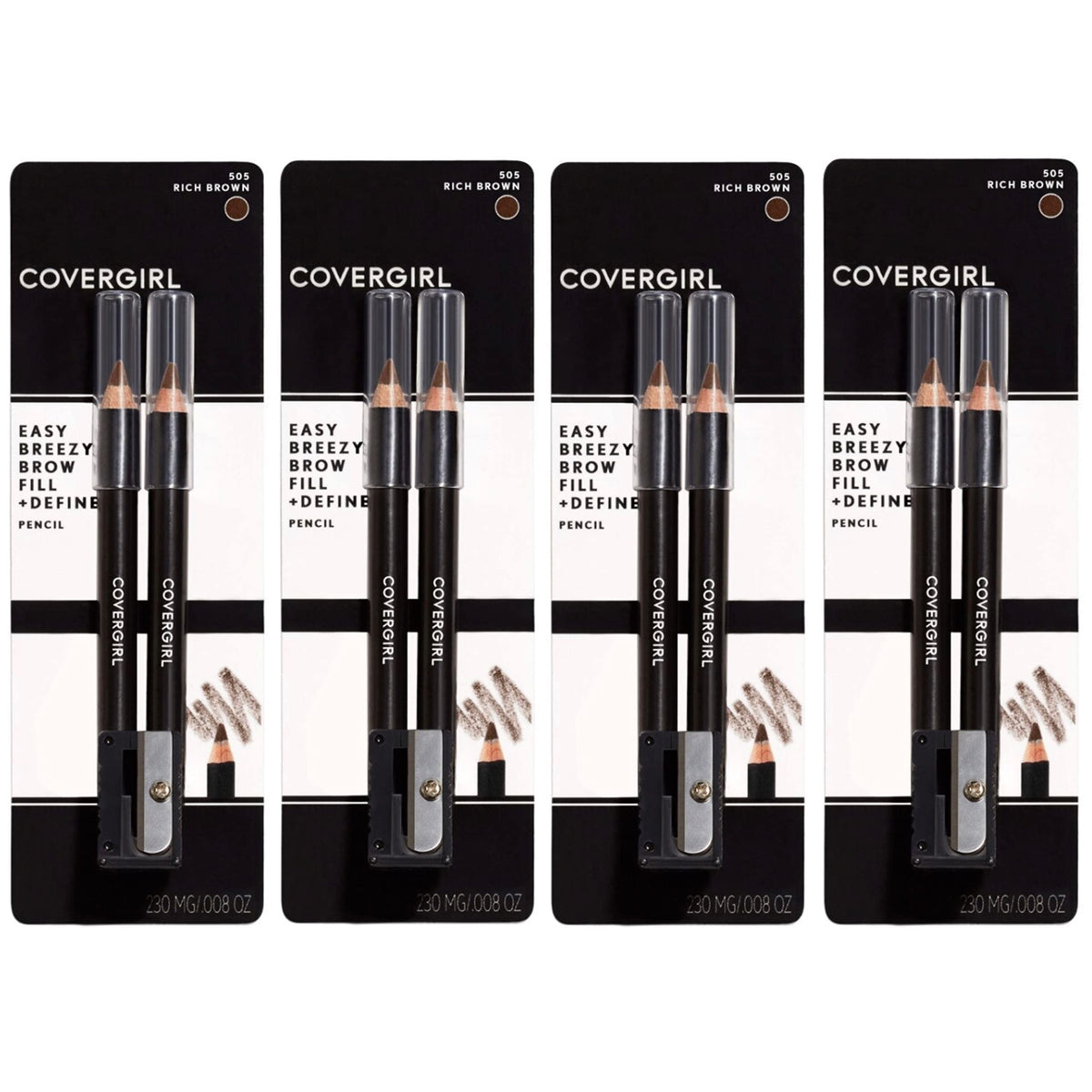 CoverGirl Easy Breezy Brow packaging with two pencils and sharpener for defined brows