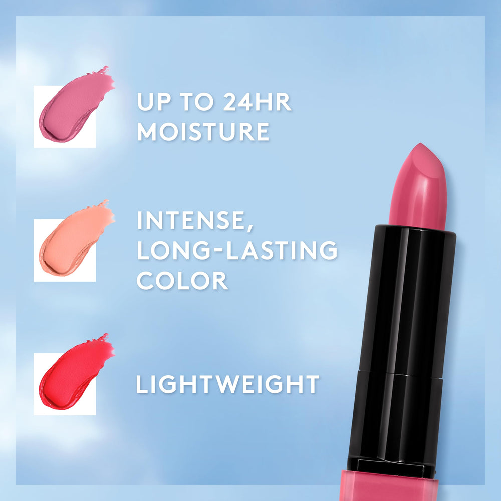 CoverGirl Exhibitionist Cream Lipstick Coral Dreams – lipstick-application emphasizes non-sticky wear for all-day comfort.