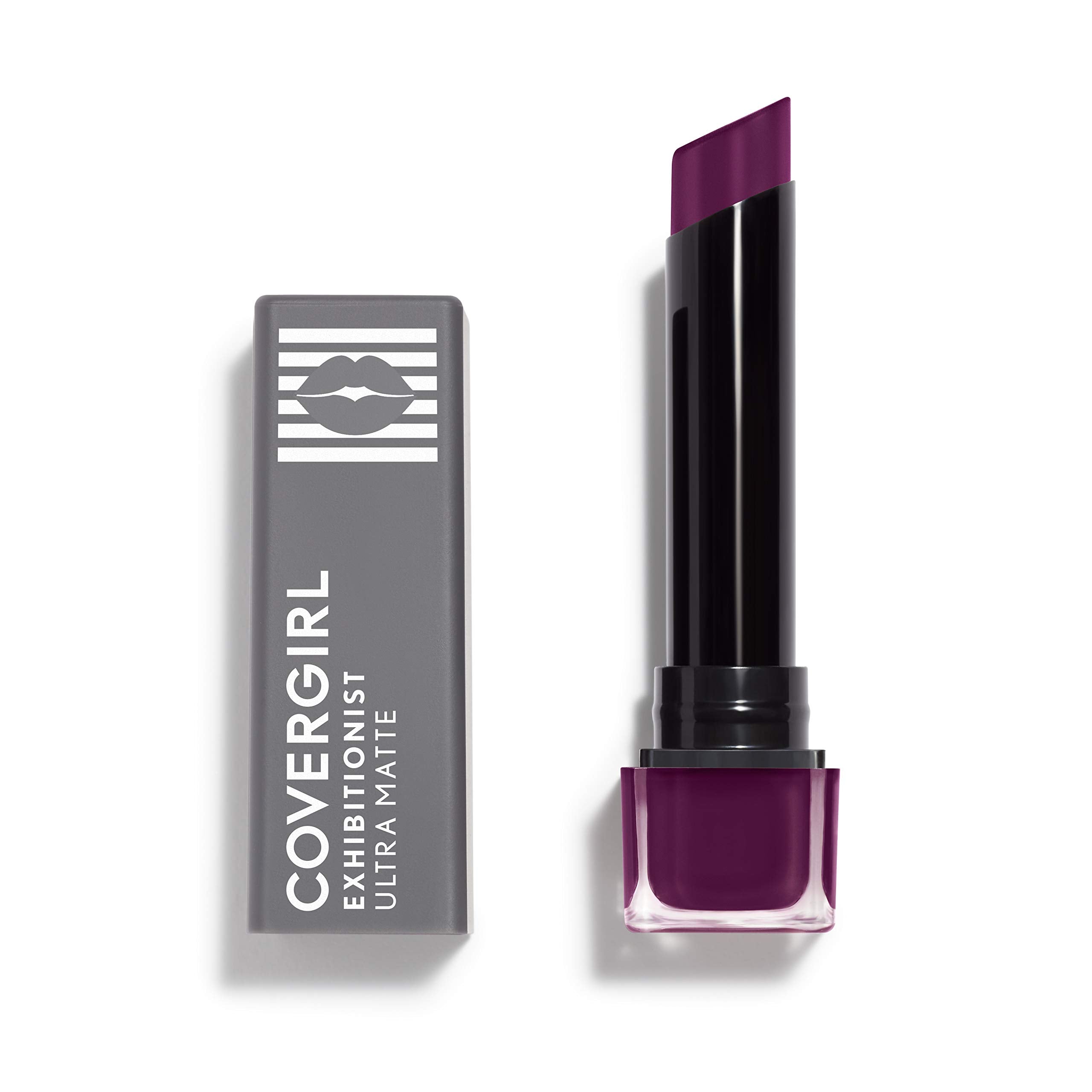 CoverGirl Exhibitionist lipstick tube shows rich matte shade and transfer-proof feel.