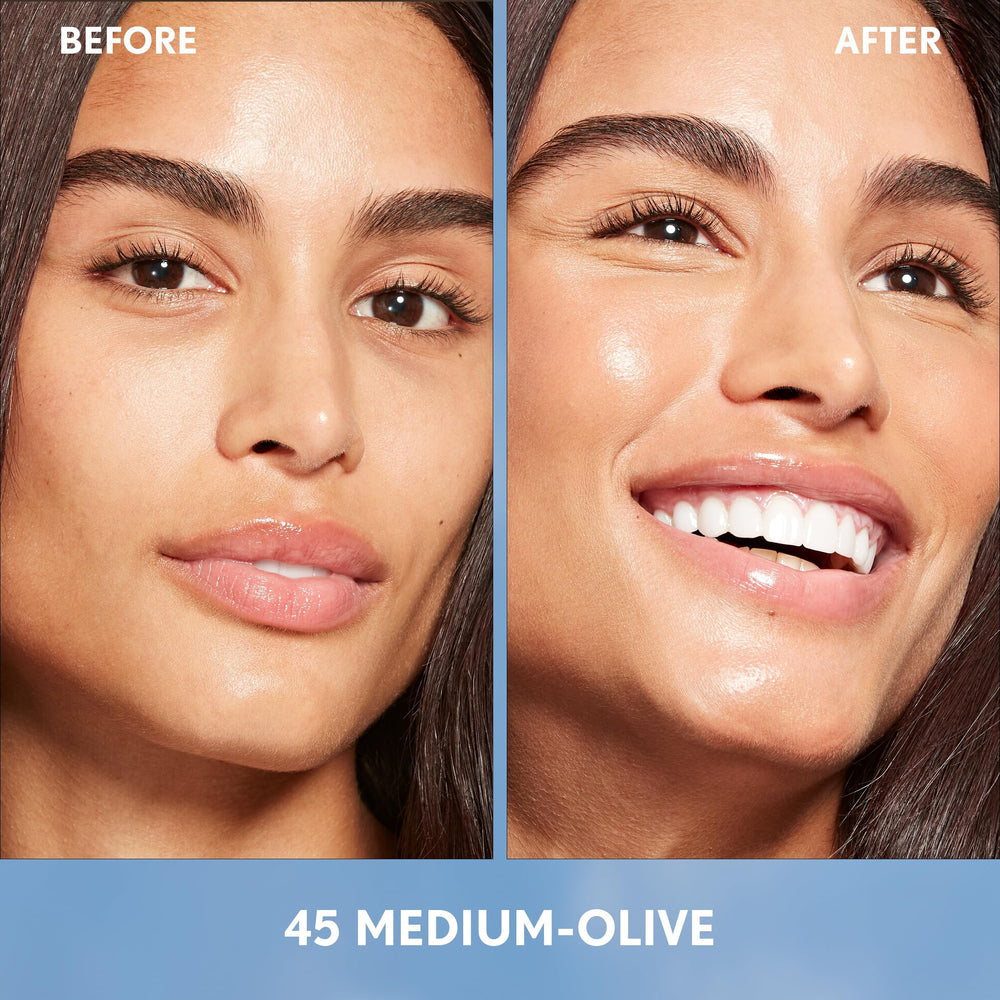 CoverGirl Simply Ageless Essence close-up shows smoother skin texture after application.