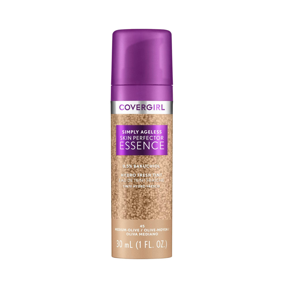 CoverGirl Simply Ageless Essence Foundation bottle glows with a hydrating finish.