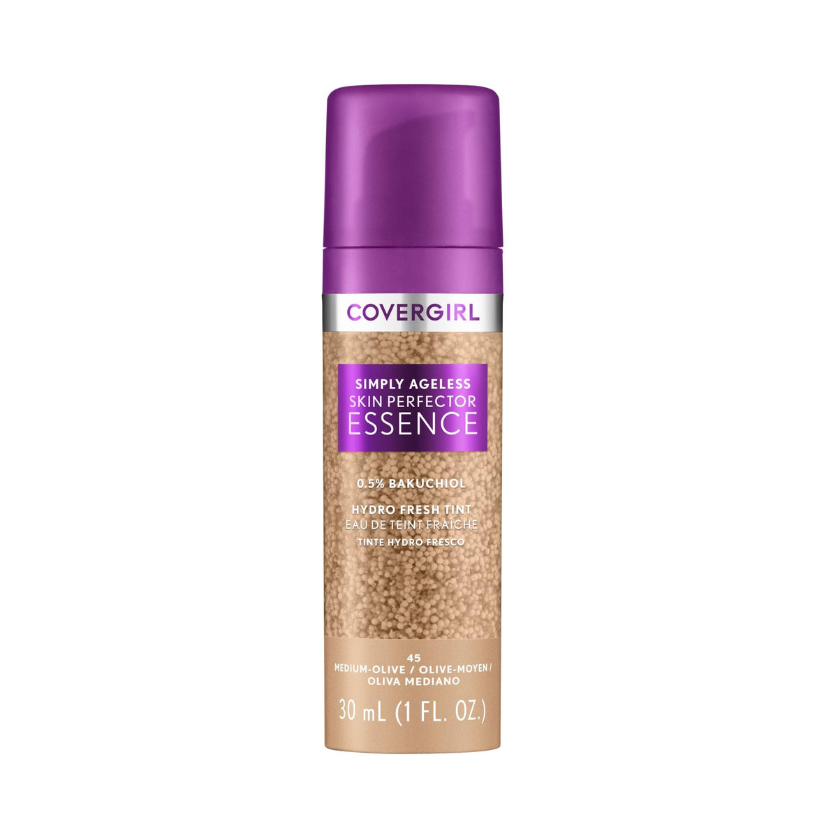 CoverGirl Simply Ageless Essence Foundation bottle glows with a hydrating finish.