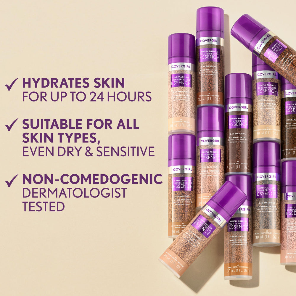 CoverGirl Simply Ageless Essence pump demonstrates long-lasting hydration for all-day wear.