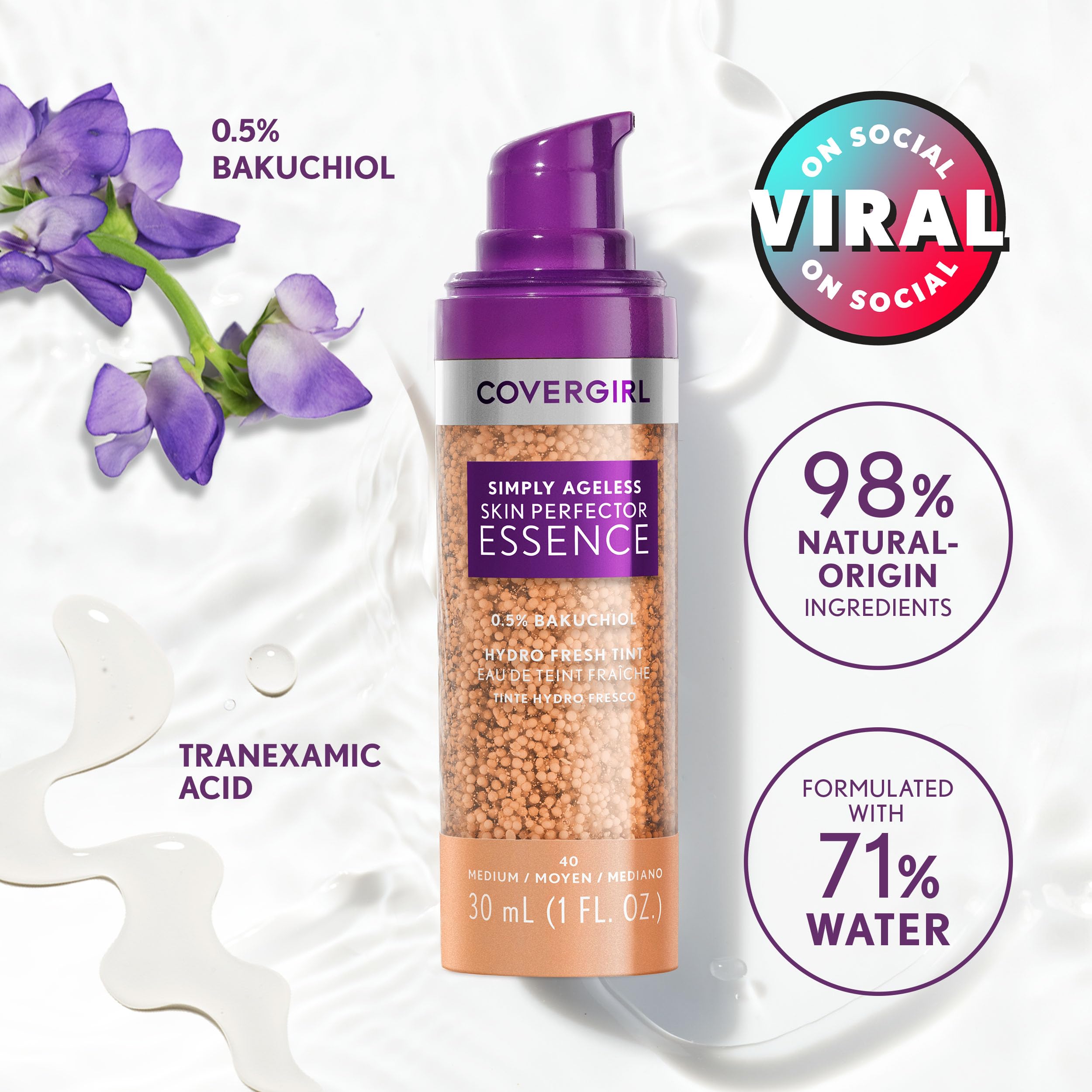CoverGirl Simply Ageless Essence shade 45 Medium-Olive on display for balanced tone.