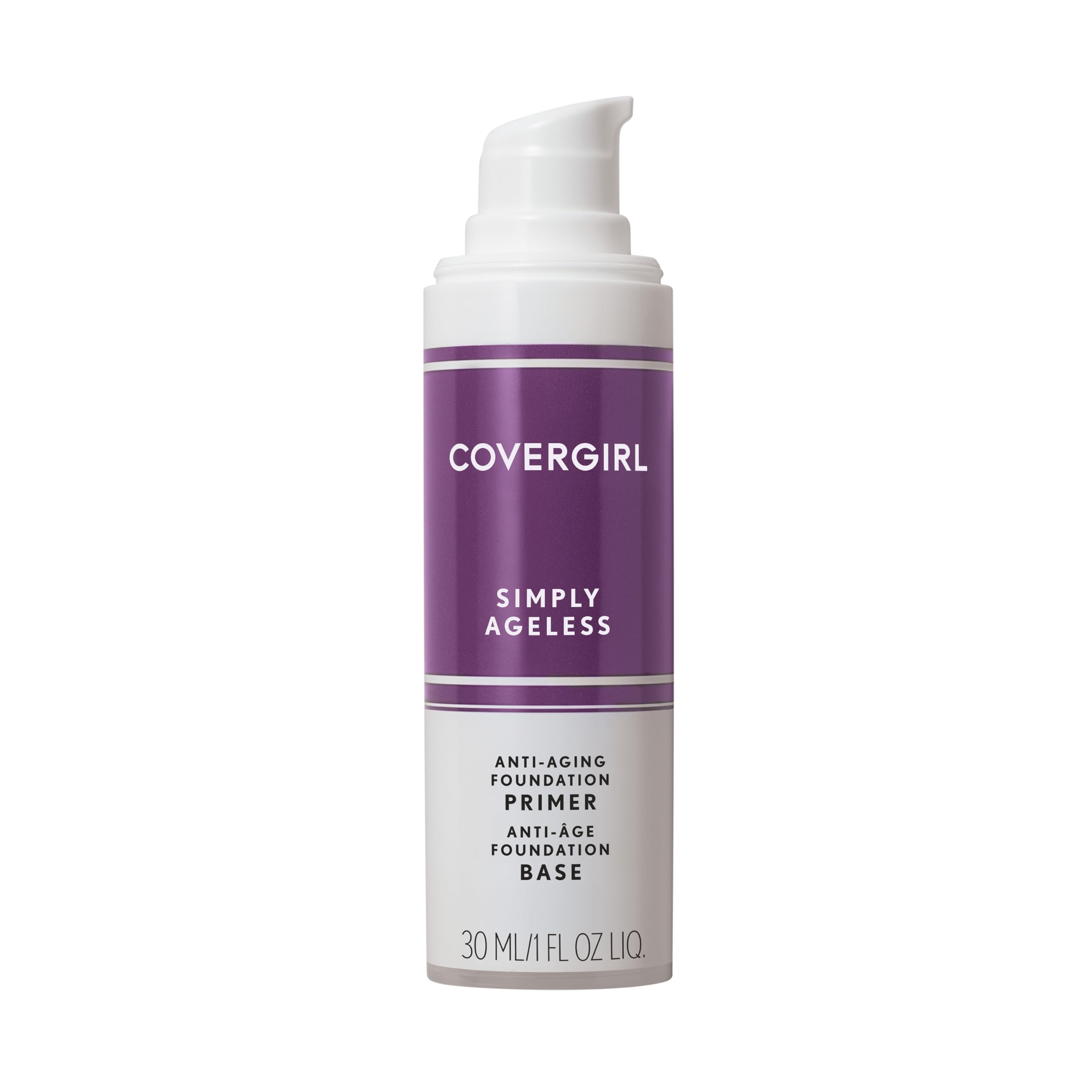 COVERGIRL Simply Ageless Primer bottle close-up shows hydrating formula for smoother skin.