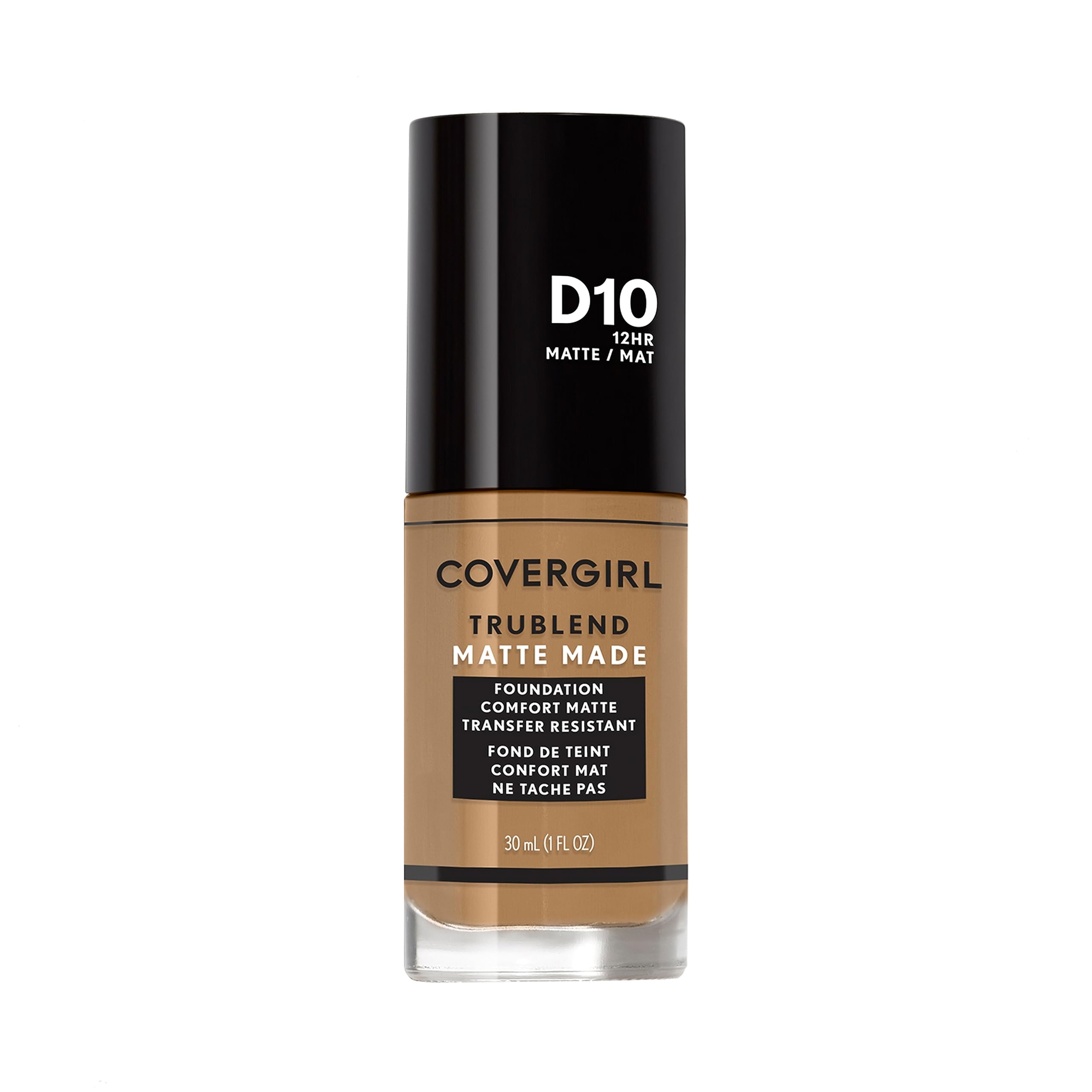 Covergirl TruBlend Matte Made foundation bottle close-up in D10 Golden Caramel for matte finish