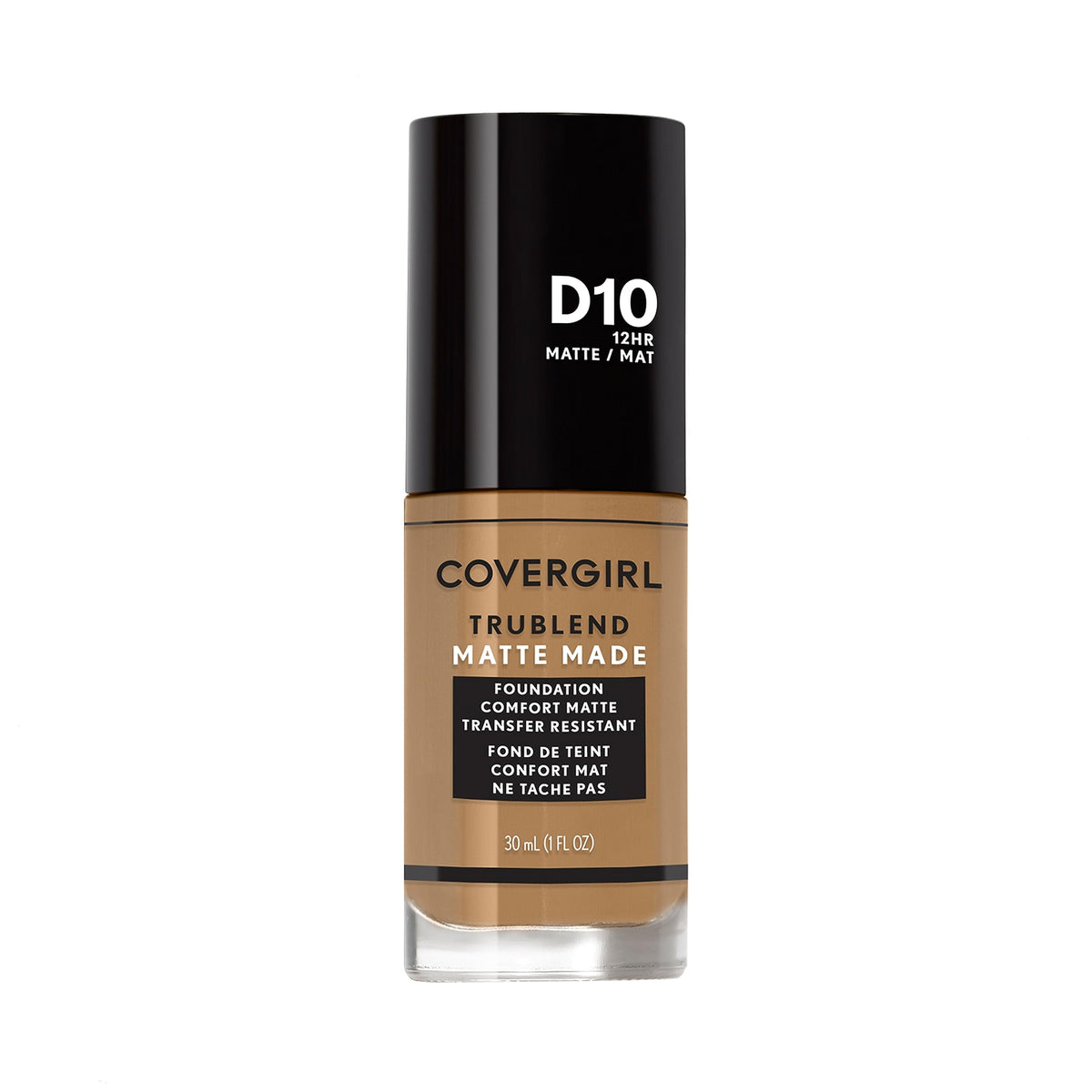 Covergirl TruBlend Matte Made foundation bottle close-up in D10 Golden Caramel for matte finish