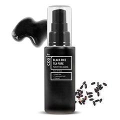 Coxir TXA Black Rice Pore Mask bottle highlights vegan formula for gentle pore care.