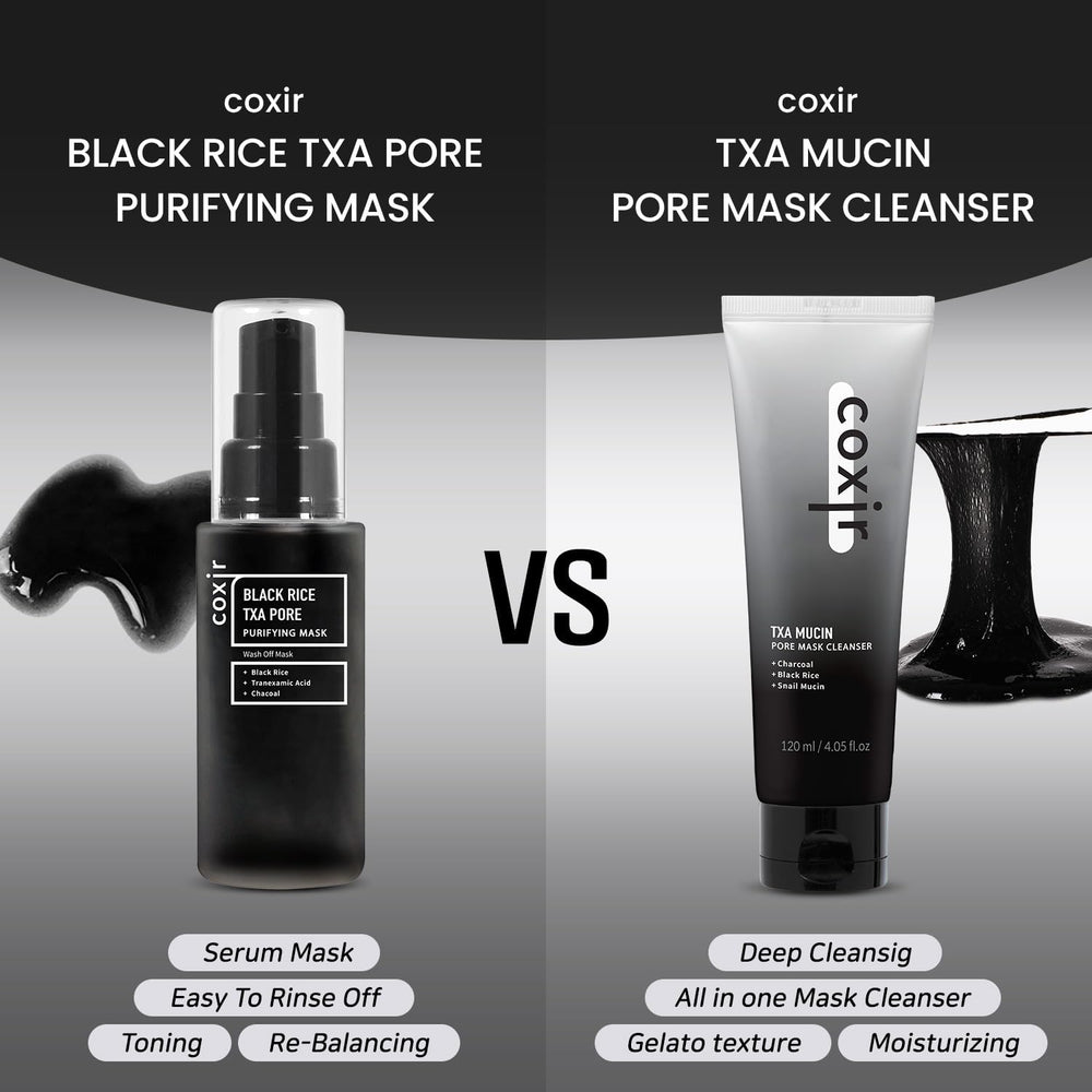 Coxir TXA Black Rice Pore Mask in a routine setup shows pore care step.