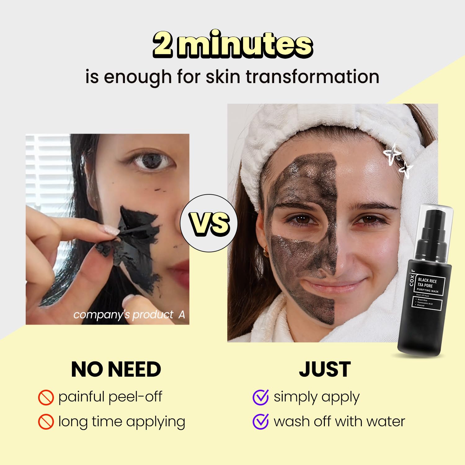 Coxir TXA Black Rice Pore Mask texture on skin suggests hydration and refinement.