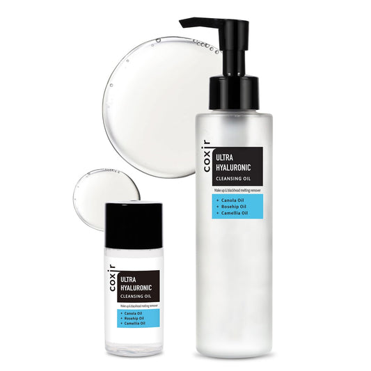 Coxir Ultra Hyaluronic Acid Cleansing Oil bottle pour for a smooth cleanse