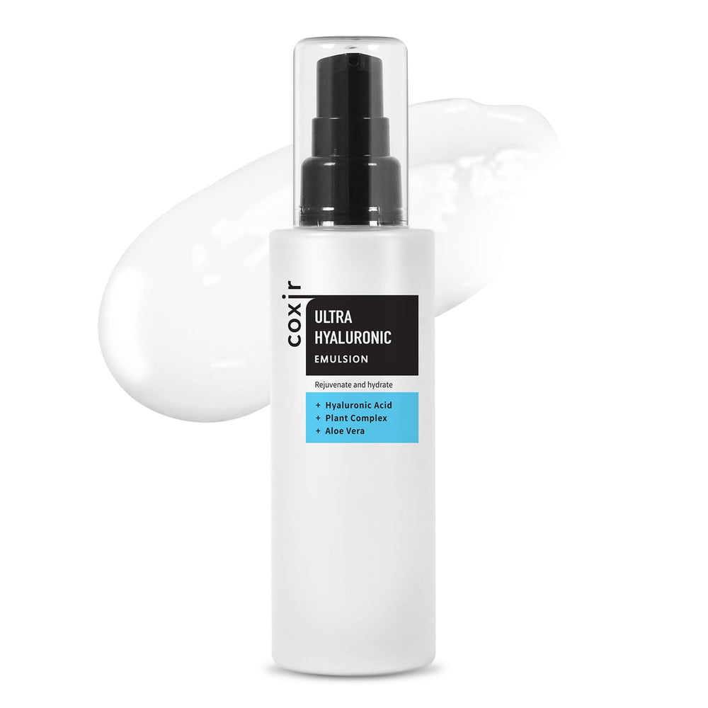 Coxir Ultra Hyaluronic Emulsion bottle front, showing compact hydration for sensitive skin.