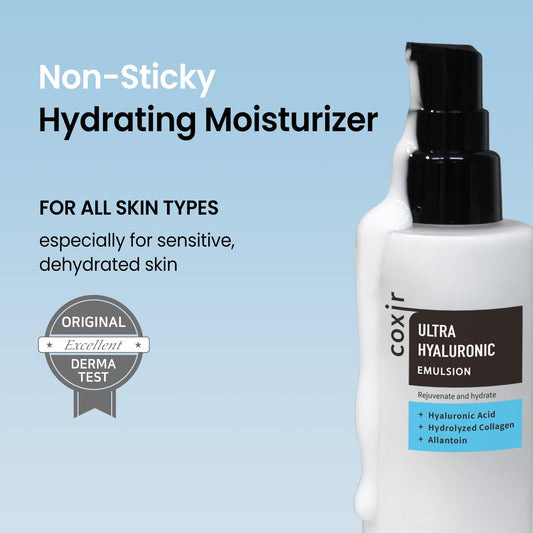 Coxir Ultra Hyaluronic Emulsion bottle side reveals a sleek daily-use design.
