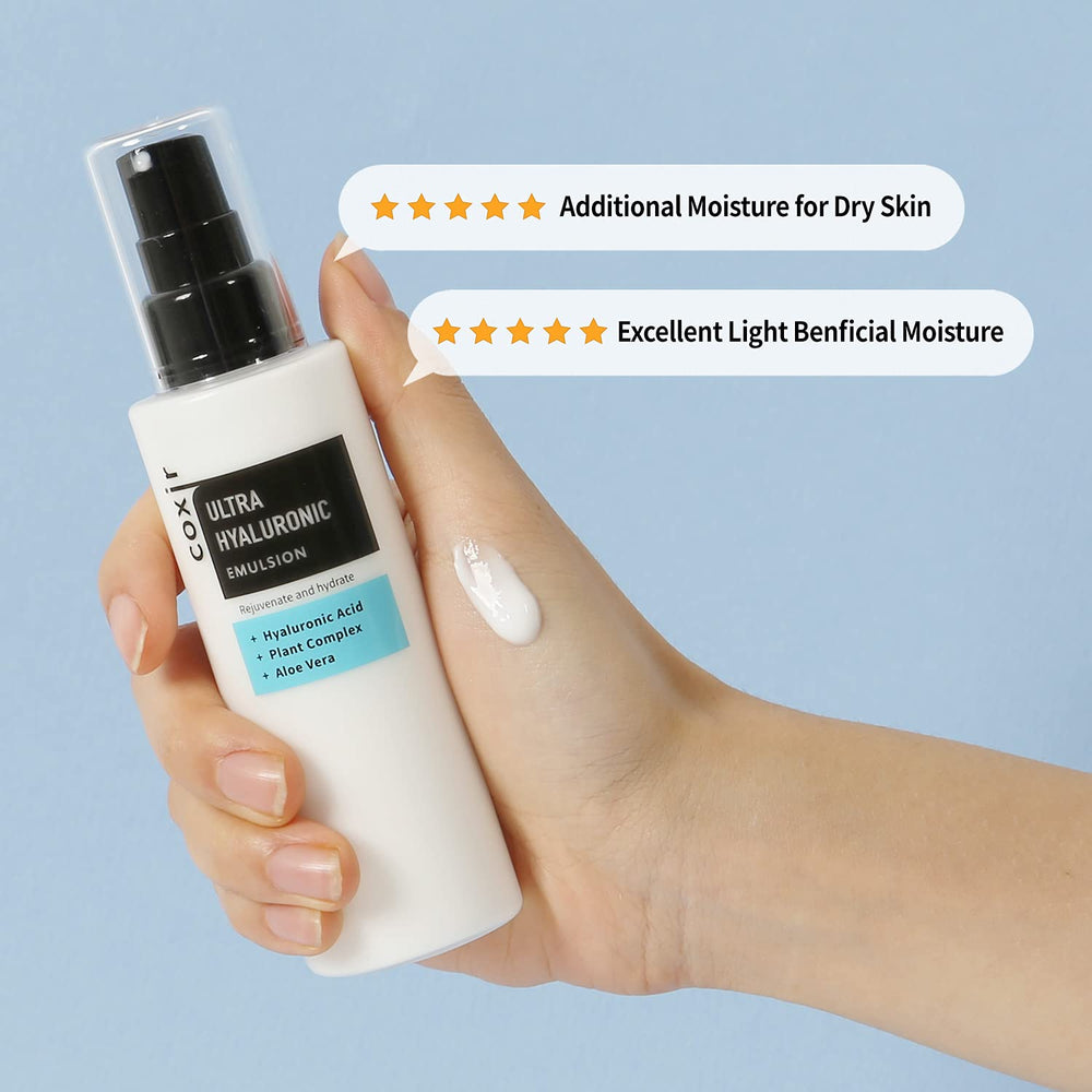 Display setup showing Coxir Ultra Hyaluronic Emulsion for skincare routines.