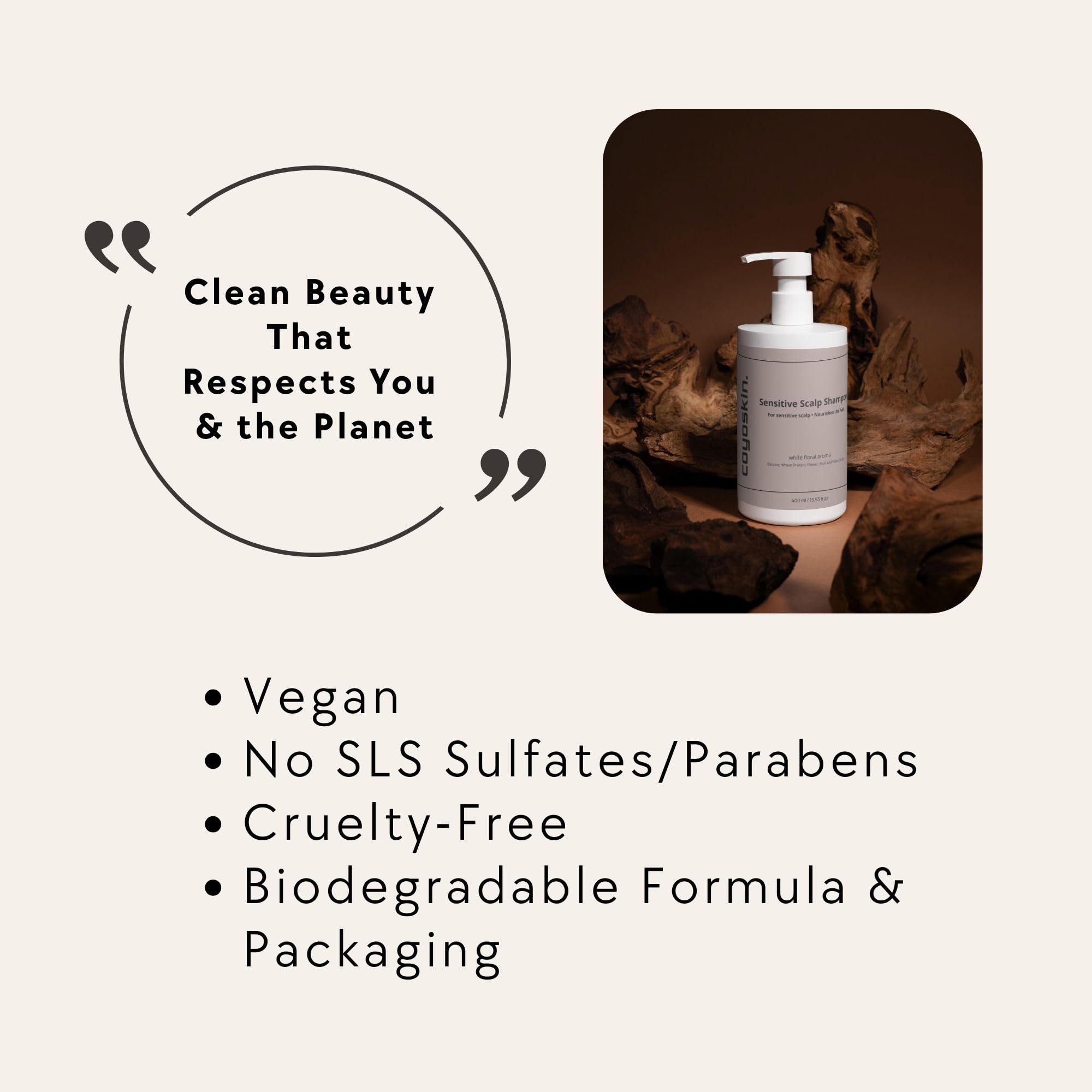 COYOSKIN Sensitive Scalp Shampoo daily-use scene promoting comfortable scalp cleansing.