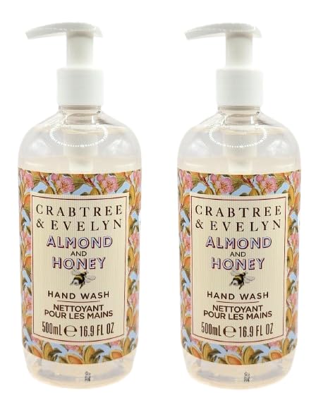 Crabtree & Evelyn Almond & Honey hand wash bottle pour, offering gentle cleansing and hydration.