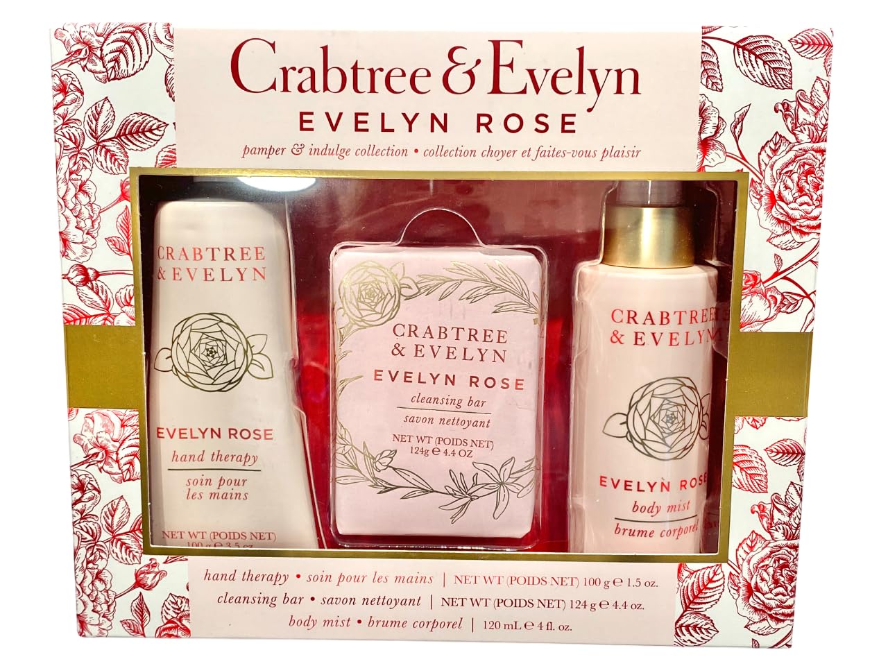 Crabtree & Evelyn Evelyn Rose gift set packaging featuring three full-size products for gifting