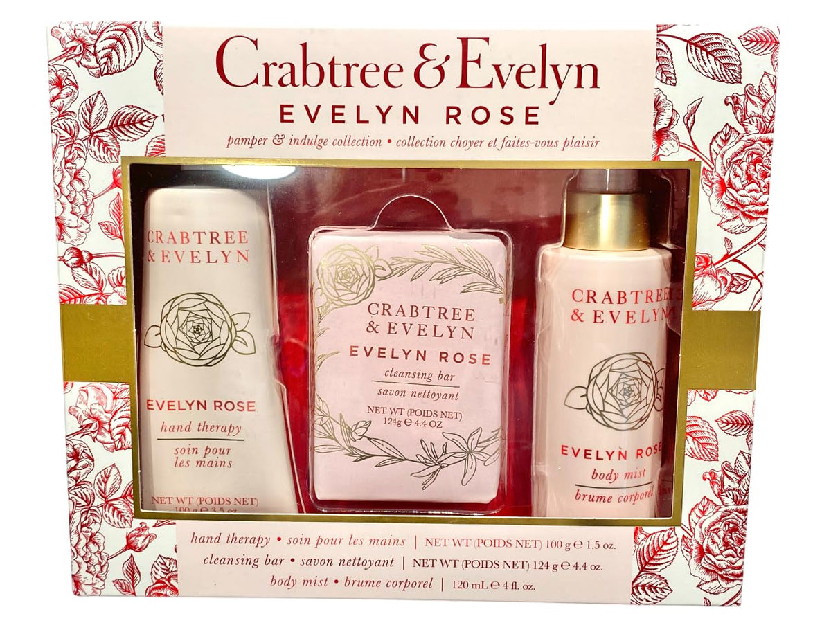Crabtree & Evelyn Evelyn Rose gift set packaging featuring three full-size products for gifting