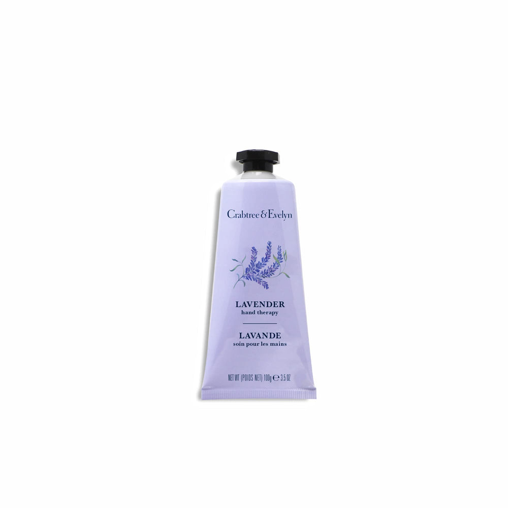 Crabtree and Evelyn Lavender Hand Therapy packaging on display, premium nourishing formula in action.