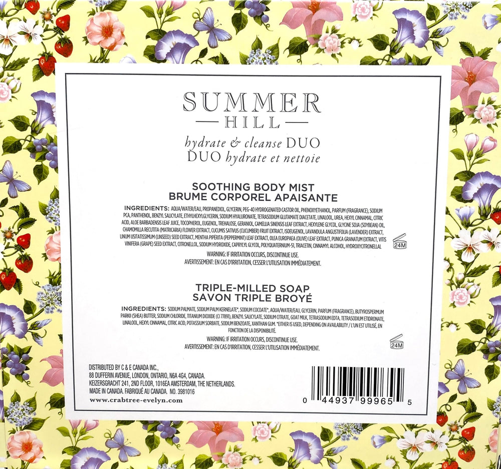Crabtree and Evelyn Summer Hill bar soap displaying its floral moisturizing formula for travel
