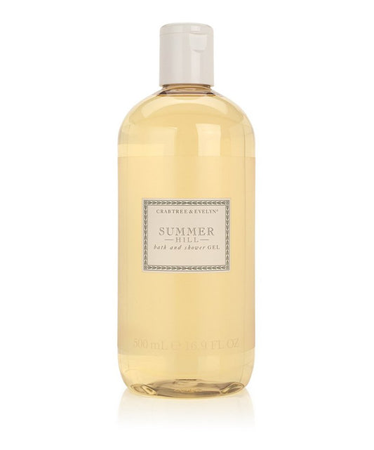 Crabtree & Evelyn Summer Hill bath gel bottle close-up showing moisturizing formula.