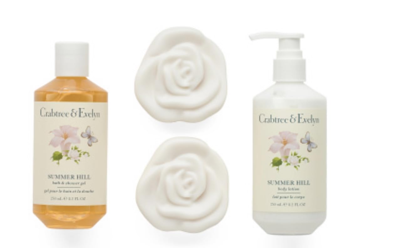 Crabtree & Evelyn Summer Hill gift set tin open to reveal bath and body essentials
