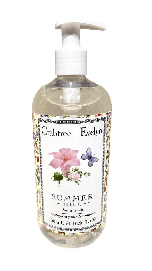 Crabtree & Evelyn Summer Hill hand wash bottle pour with moisturizing gel for daily cleansing.