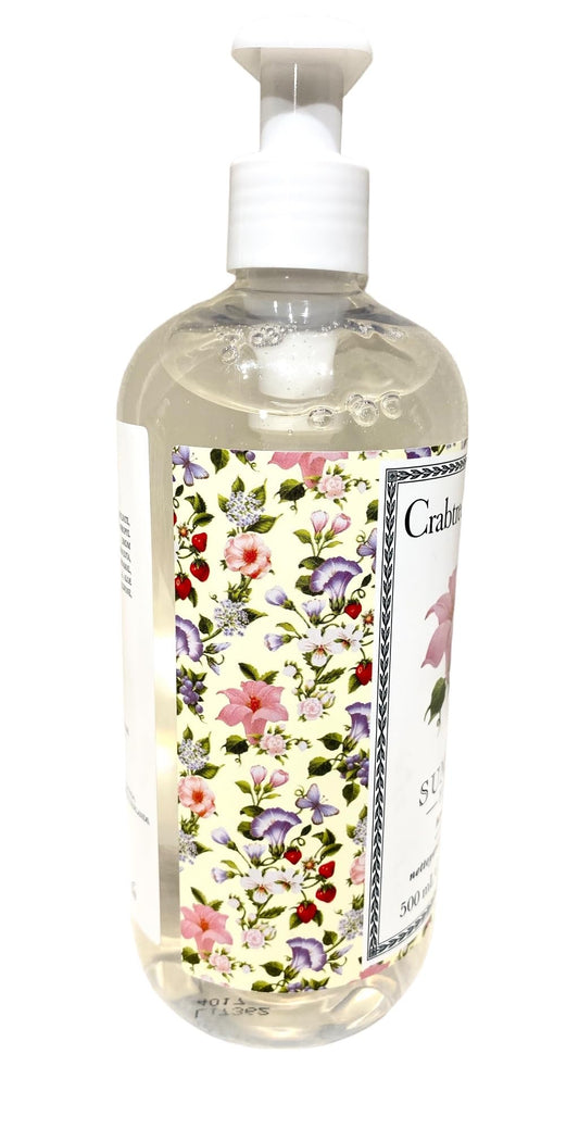 Crabtree & Evelyn Summer Hill hand wash label close-up highlighting floral notes.