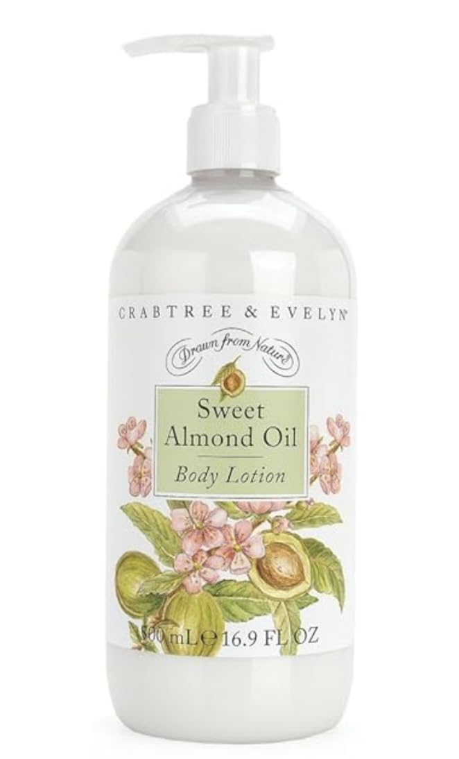 Crabtree & Evelyn Sweet Almond Oil body lotion bottle for daily hydration after shower.