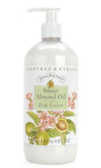 Crabtree & Evelyn Sweet Almond Oil body lotion bottle for daily hydration after shower.