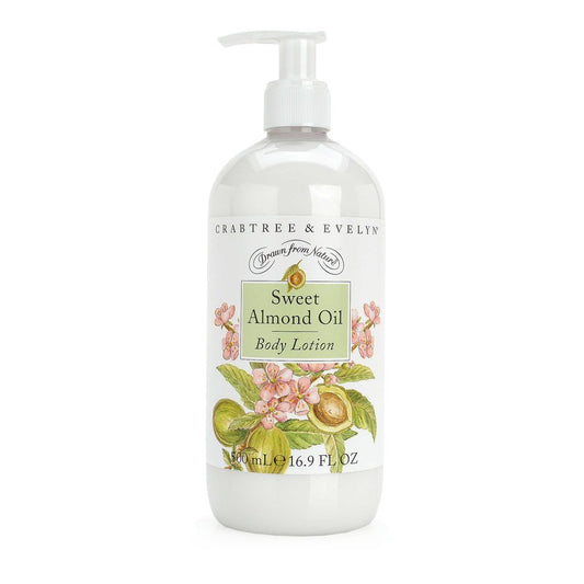 Crabtree & Evelyn Sweet Almond Oil body lotion bottle for dry skin hydration.