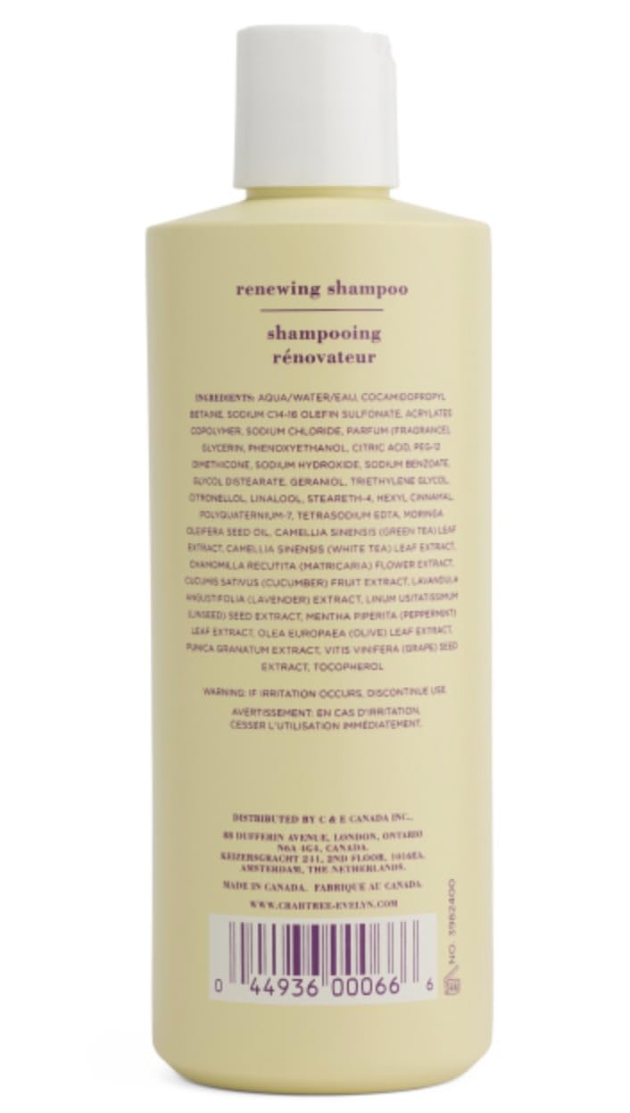 Crabtree & Evelyn Verbena & Lavender Renewing Shampoo label shown; ideal everyday cleanser for soft, shiny hair