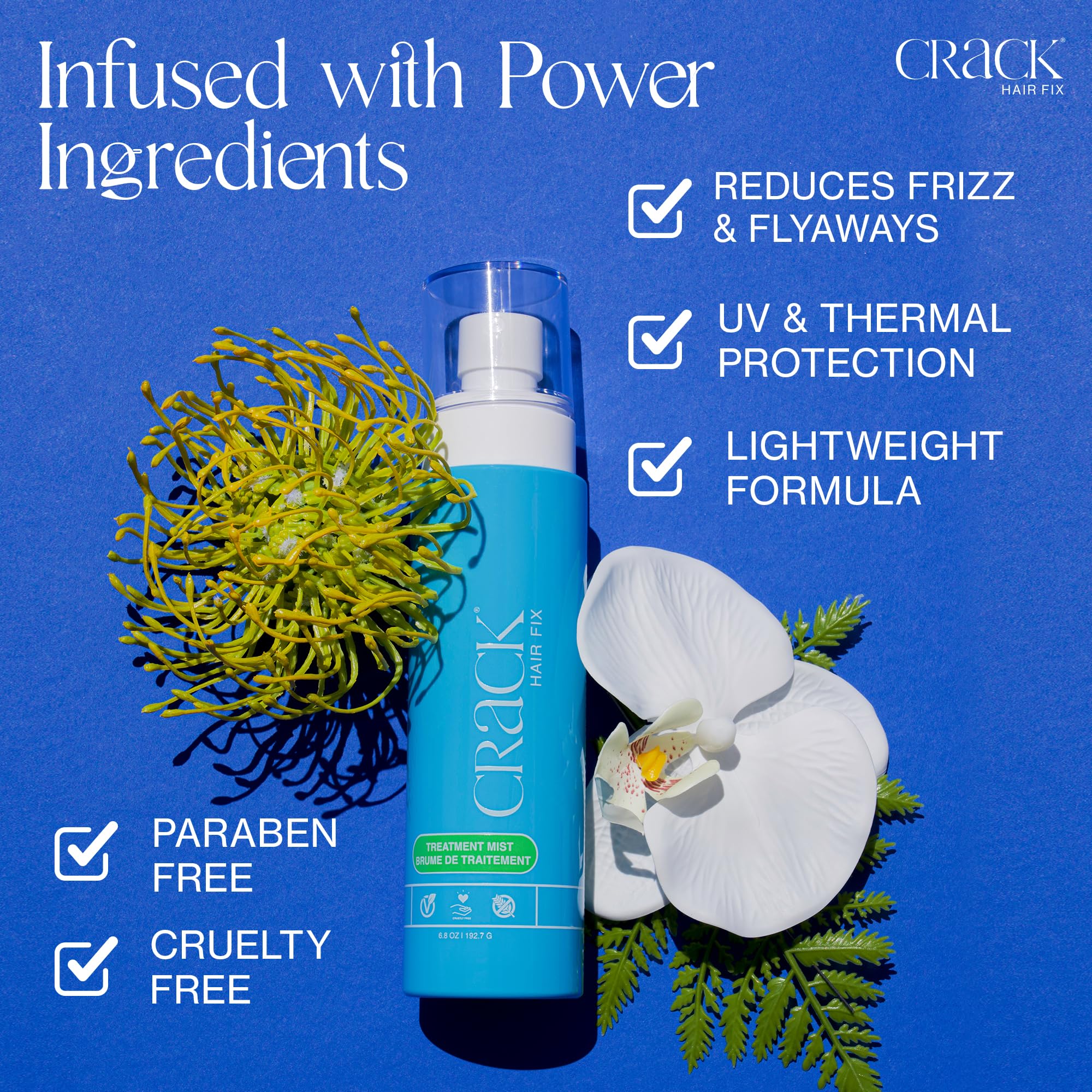 Crack Hair Fix Mist Spray demonstrates subtle frizz control and smooth texture.