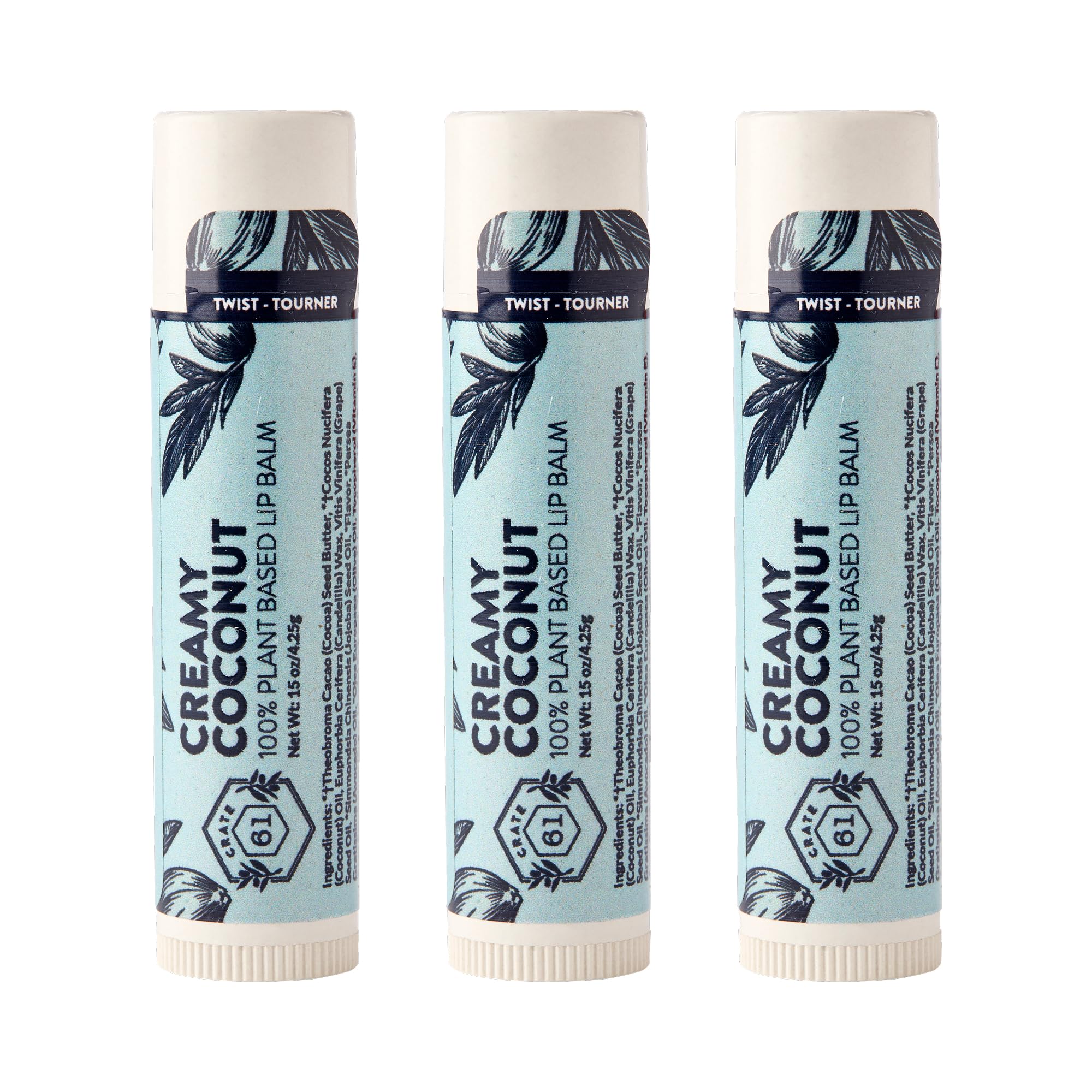 Crate 61 Lip Balm Creamy Coconut packaging front emphasizing plastic-free Plant Pod tube eco-friendly packaging