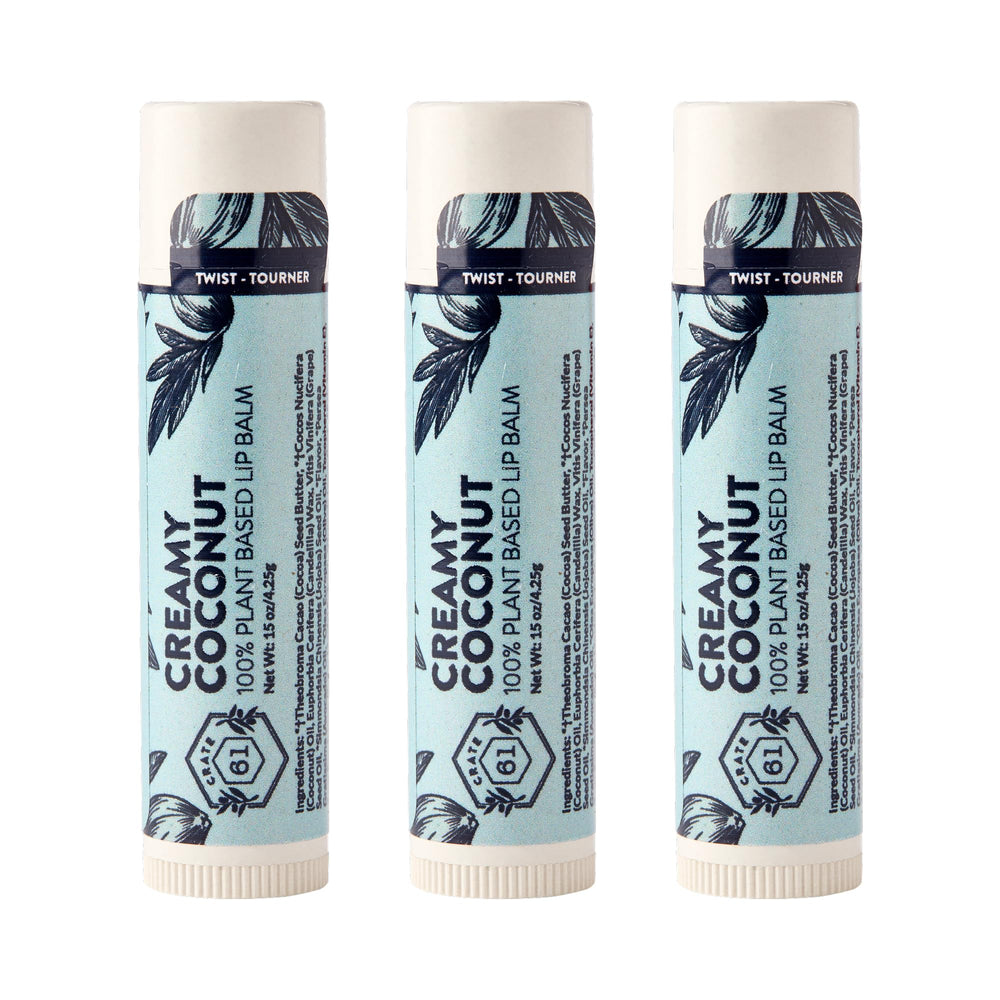 Crate 61 Lip Balm Creamy Coconut packaging front emphasizing plastic-free Plant Pod tube eco-friendly packaging