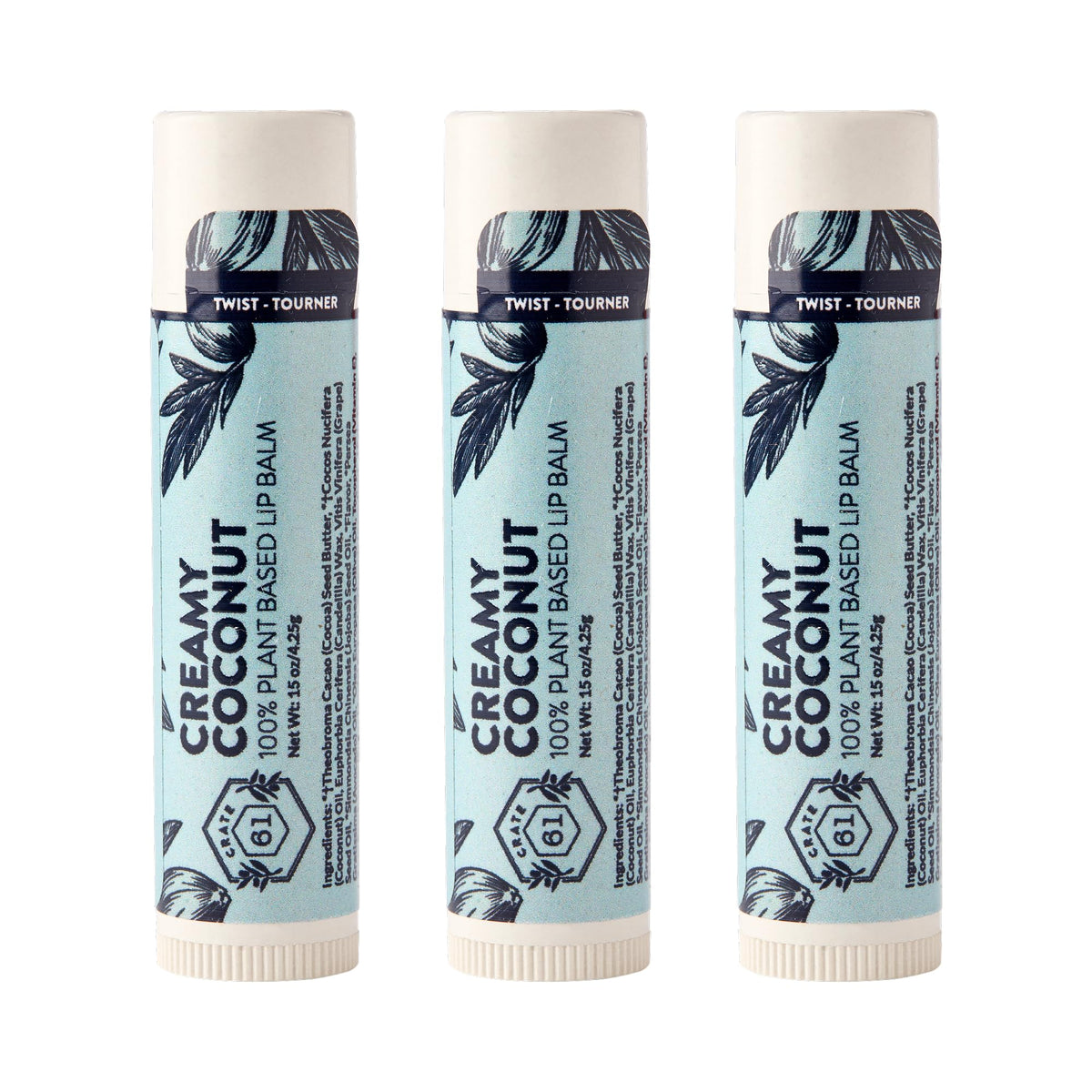 Crate 61 Lip Balm Creamy Coconut packaging front emphasizing plastic-free Plant Pod tube eco-friendly packaging
