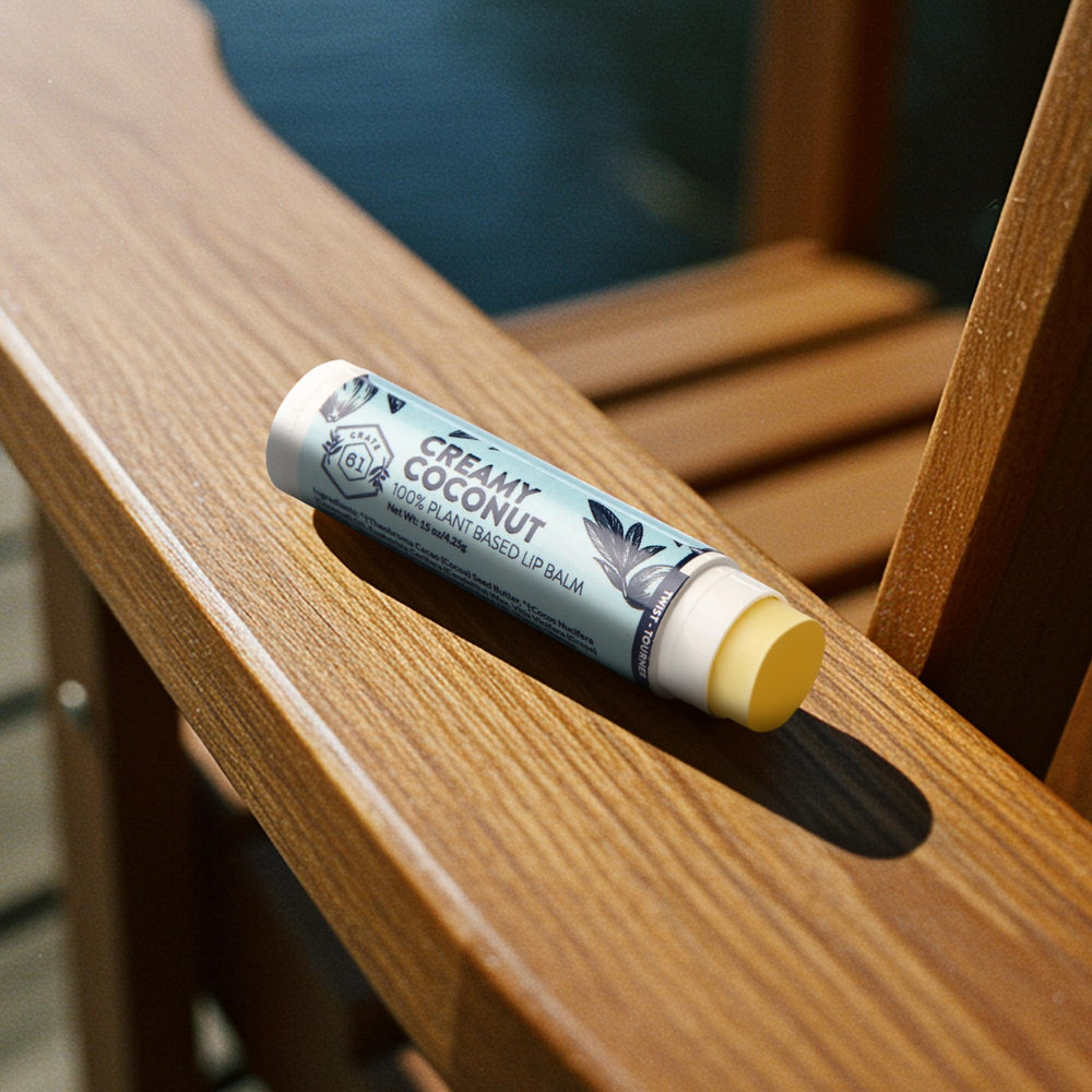 Crate 61 Lip Balm Plant Pod Tube close-up showcasing compostable plant materials