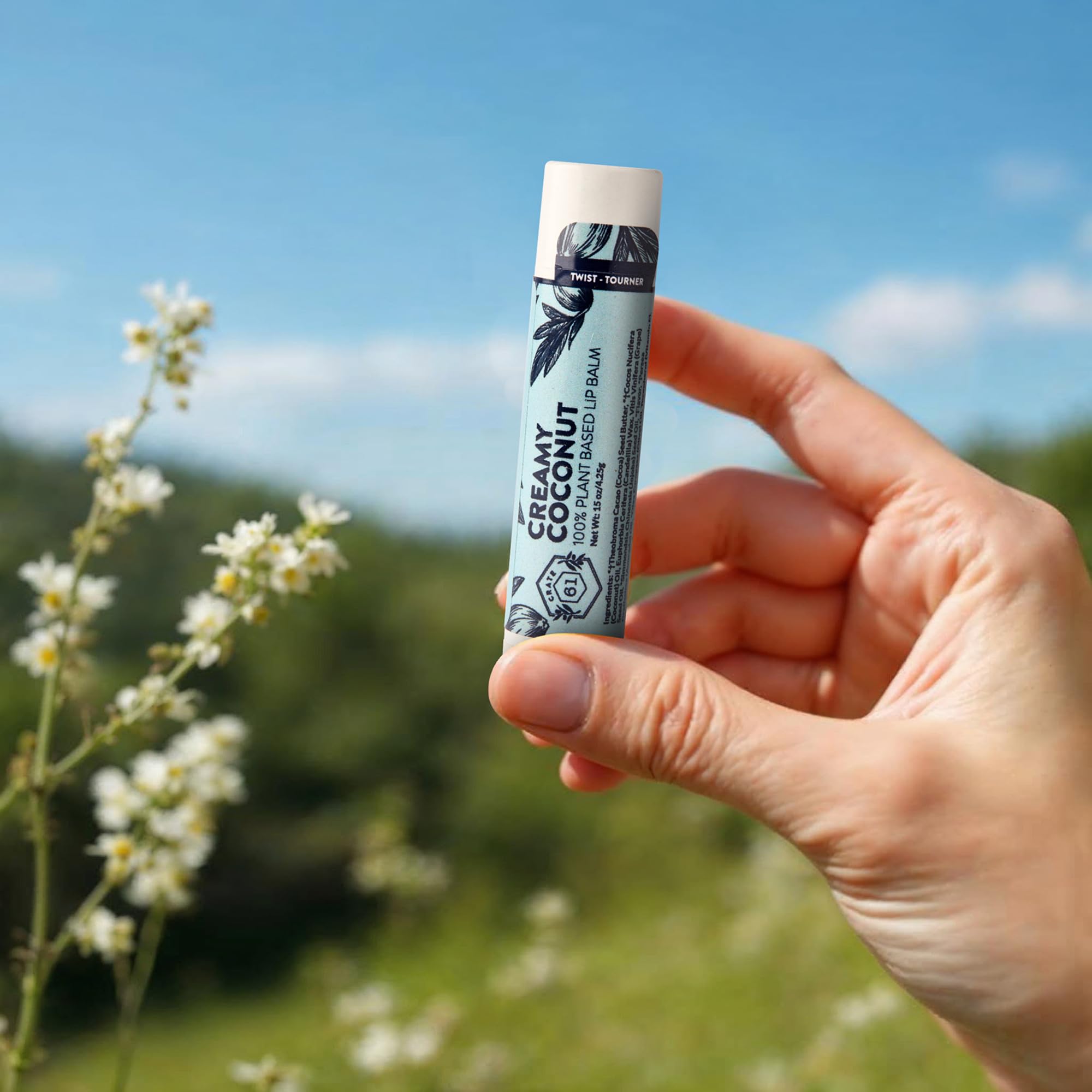 Crate 61 Lip Balm USDA Organic ingredients label highlighting coconut oil and cocoa butter