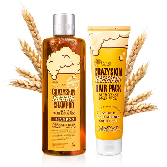 CRAZY SKIN beer shampoo bottle close-up showing sleek branding for strong, healthy hair