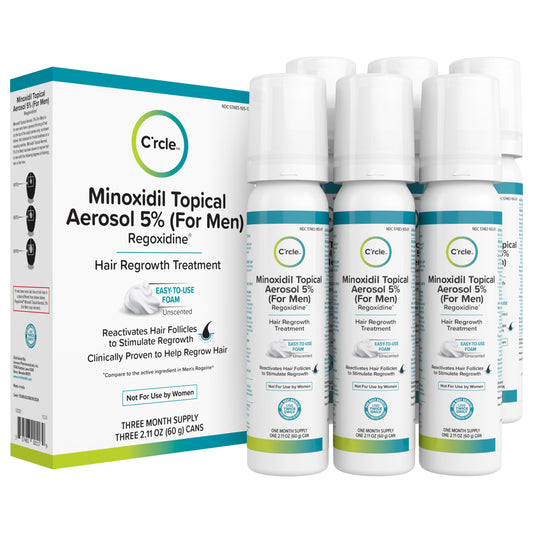 C'rcle Minoxidil 5% foam bottle for unscented use supports easy, mess-free application.