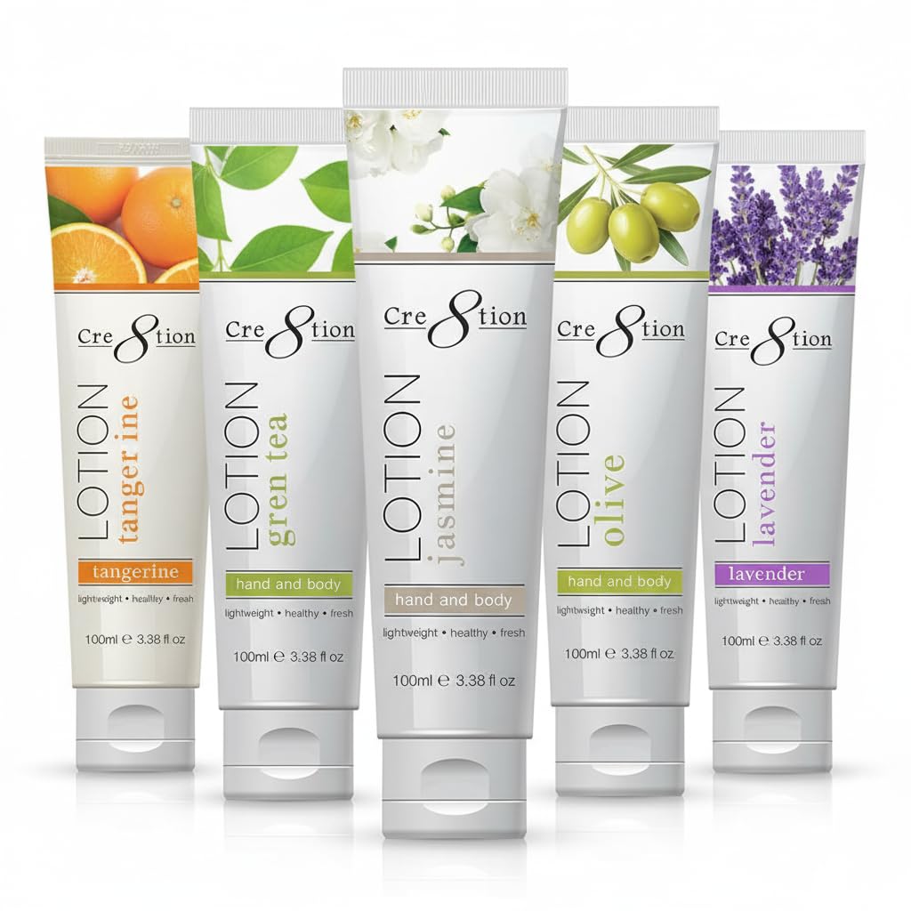 Cre8tion premium hand and body lotion bottles in five scents for versatile hydration