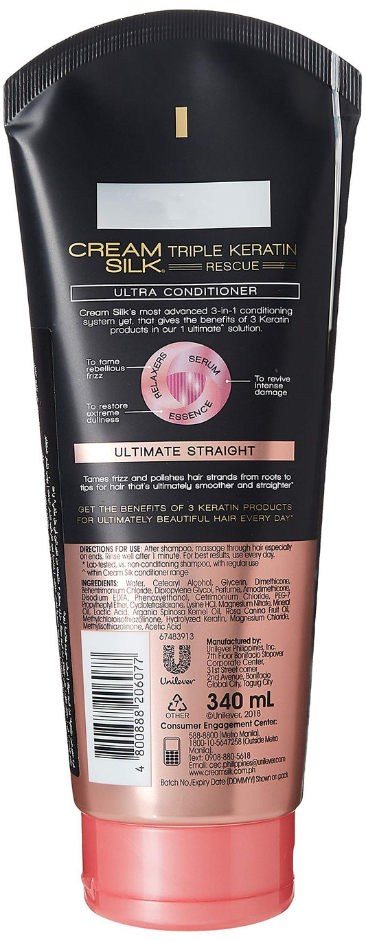 Cream Silk conditioner ingredients label highlighting keratin care and hydration benefits.