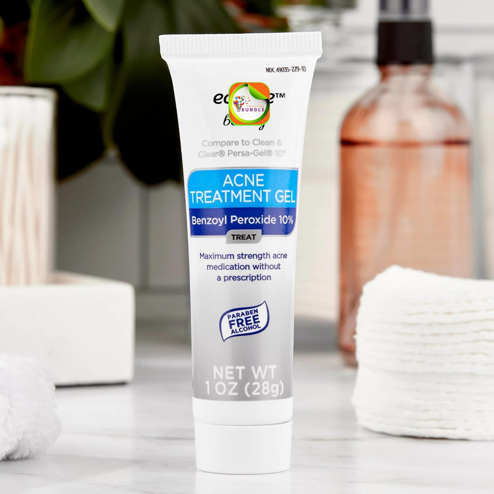 Equate 2-Pack benzoyl peroxide gel tube close-up showing quick absorption.