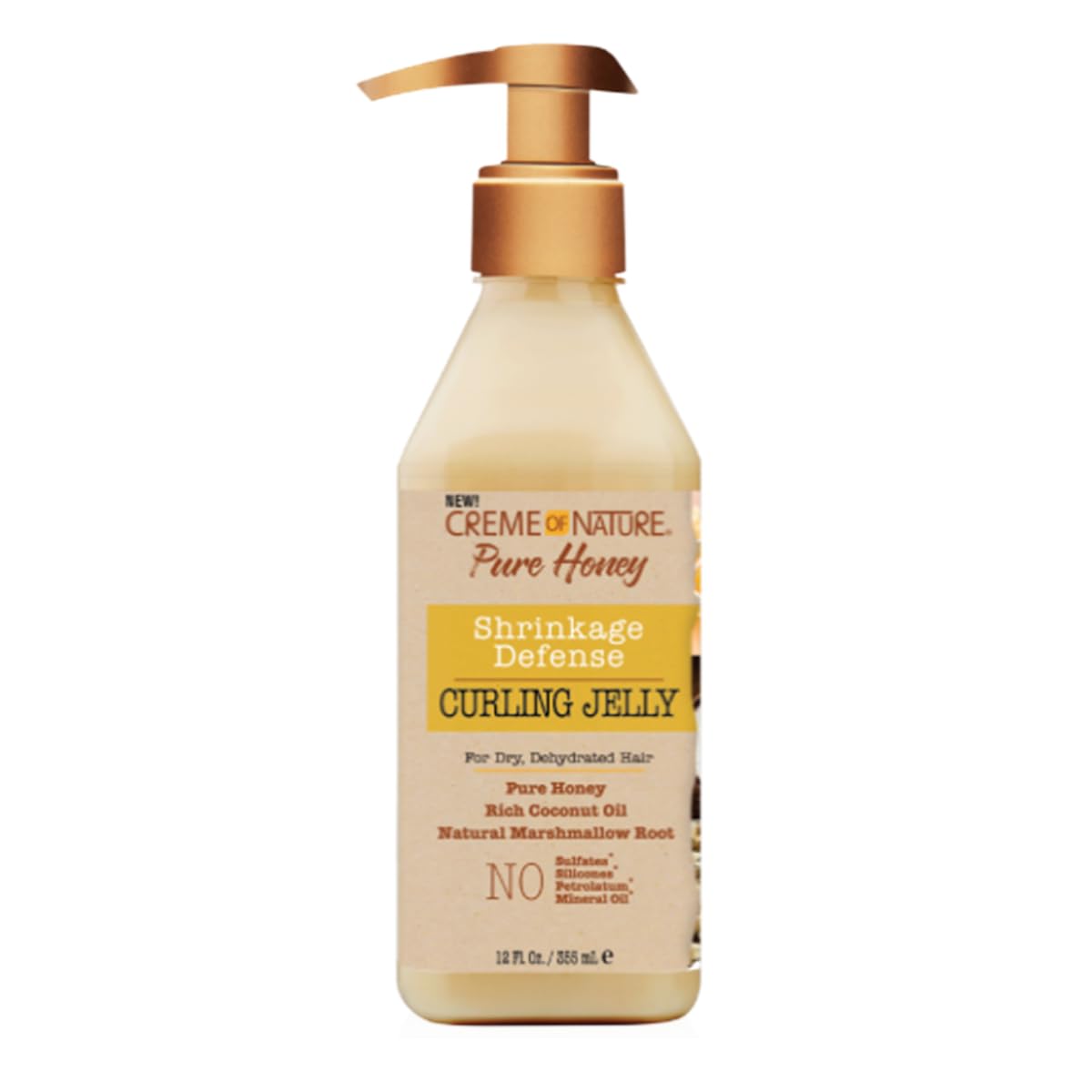 Creme of Nature Curling Jelly bottle close-up showing defined curls and shine.
